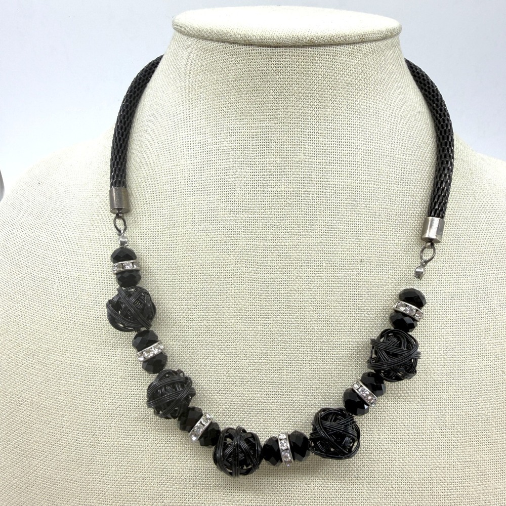 Black Woven Wire Ball Faceted Bead Rhinestone Necklace Gothic Statement Gift